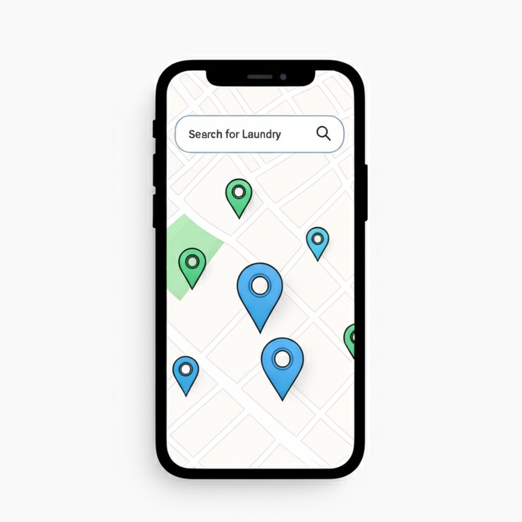 Screenshot of Launder It search results page showing map and shop listings